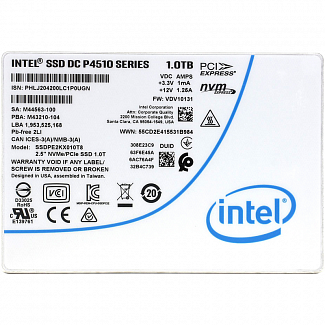 Intel SSD DC P4510 Series, 1.0TB, U.2(2.5" 15mm), NVMe, PCIe 3.1 x4, TLC, R/W 2850/1100MB/s, IOPs 465 000/70 000, TBW 1920, DWPD 1 (12 мес.)