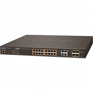 коммутатор/ PLANET IPv6/IPv4, 16-Port Managed 60W Ultra PoE Gigabit Ethernet Switch + 4-Port Gigabit Combo TP/SFP (400W PoE budget, SNMPv3, 802.1Q VLAN, IGMP Snooping, SSL, SSH, ACL)