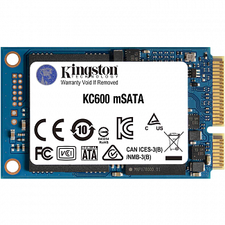 Твердотельный накопитель/ Kingston SSD KC600, 1024GB, mSATA, SATA3, 3D TLC, R/W 550/520MB/s, IOPs 90 000/80 000, DRAM buffer 1024MB, TBW 600, DWPD 0.32 (5 лет)