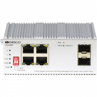 Managed L2 Industrial Fast Ring Switch 4x1000Base-T PoE, 2x1000Base-X SFP, PoE Budget 60W, Surge 4KV, -40 to 75°C