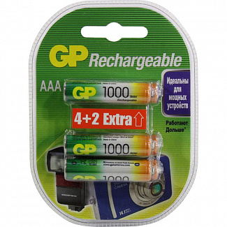 Перезаряжаемые аккумуляторы GP 100AAAHC AAA, мин. ёмкость 950 мАч - 6 шт.(4+2 в подарок) в клемшеле